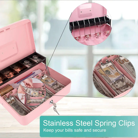 Pink cash box with money tray and key lock for cash till, secure locking safe box with two-tier coin tray and ample storage, large 11.8 by 9.45 by 3.54 inches