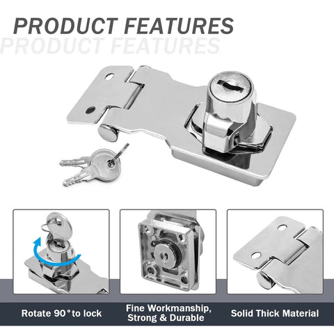 2 Pack Keyed Hasp Locks 2.5 Inch Twist Knob Locking Hasp with keys, showing durable metal silver construction and secure fittings, ideal for cabinets.
