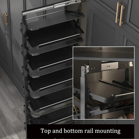 Slick Pull Out Shoe Rack For Mounted Closet With 17 Tier Adjustable Metal Shelves That Expand 33.5 Inches Deep showing top and bottom rail for mounting.