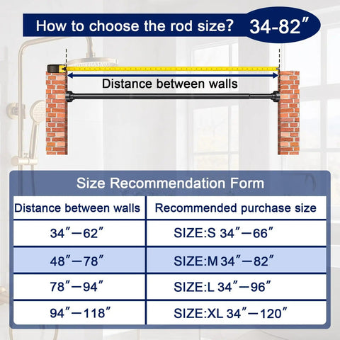 Size chart for No Drill Tension Shower Curtain Rod 34 To 82 Inches, Non Slip and Rust Proof Stainless Steel, Matte Black Finish.