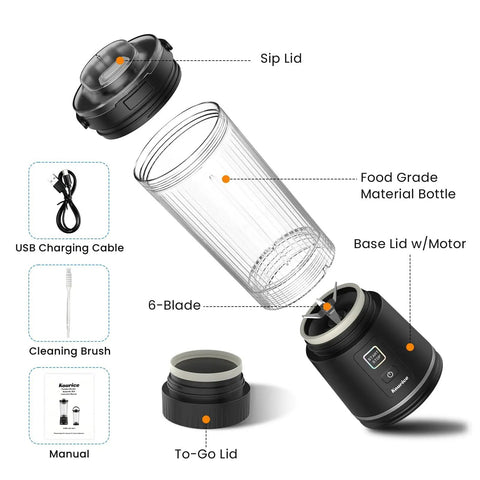 Personal Size Portable Blender For Shakes And Smoothies, 16oz Mini Small Smoothie Blender with parts like 6-blade, sip lid, and to-go lid.