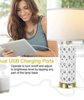 White Ceramic Table Lamp Set Of 2 With Linen Fabric Shades, Modern Farmhouse Nightstand Lamps, 3 Way Dimmable Touch Control LED, Dual USB Ports