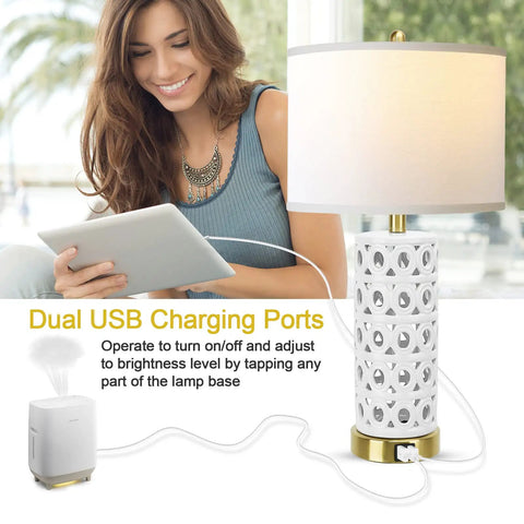 White Ceramic Table Lamp Set Of 2 With Linen Fabric Shades, Modern Farmhouse Nightstand Lamps, 3 Way Dimmable Touch Control LED, Dual USB Ports