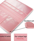 Premium Leather Car Document Wallet With Clear Window Pockets For Registration Insurance And Id Cards Nifty Glove Box Stash, inside view, pink PU leather, five clear sleeves.