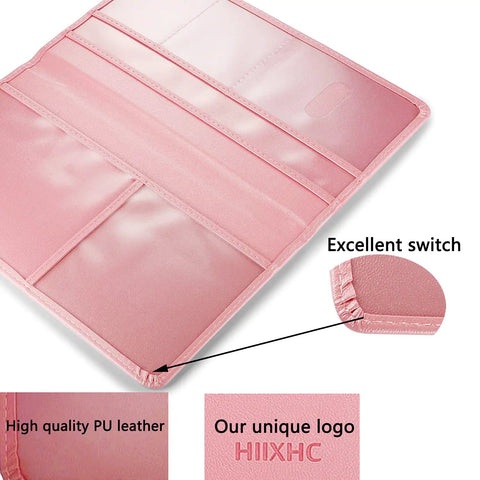 Premium Leather Car Document Wallet With Clear Window Pockets For Registration Insurance And Id Cards Nifty Glove Box Stash, inside view, pink PU leather, five clear sleeves.