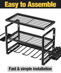Heavy Duty Power Tool Organizer Wall Mount Cordless Drill Hanger Storage Rack Battery Tools Holder With Charging Station Shelf For Garage Organization Workshop Pegboard Shed 16 Inch 4 Slots in black metal, shown as an easy-to-assemble unit.