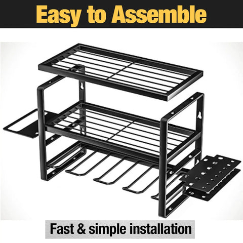 Heavy Duty Power Tool Organizer Wall Mount Cordless Drill Hanger Storage Rack Battery Tools Holder With Charging Station Shelf For Garage Organization Workshop Pegboard Shed 16 Inch 4 Slots in black metal, shown as an easy-to-assemble unit.