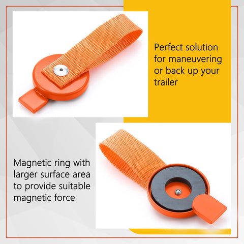 Boat trailer surge brake lockout key with orange round head, fabric strap, and metal fastener.
Close-up of orange magnetic lockout disk with fabric strap for boat trailers.