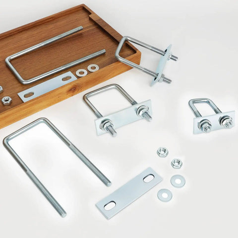 Heavy Duty Square U-Bolt Clamp Kit For Trailers, 4 Sets, 25Mm Inner Width, 70Mm Length, Zinc Plated Carbon Steel M8 Hardware With Nut Plate And Washer, Built Tough For Outdoor Use displayed