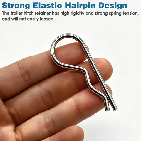 Close-up of a single zinc-plated carbon steel pin from the 8Pcs Spring Locking Pin Set For Riding Lawn Tractors Beefy Cotter Hitch Clips Mower Replacement Clevis Pins Kit With Washers Heavy Duty Zinc Plated Carbon Steel Pins For 100 Series Tractors And Similar Models held in hand.