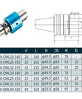 Heavy-Duty Bt50 Cnc Coolant Tool Holder Featuring Side Lock Collet Setup For Precision Milling And Grinding Jobs Dead On Grip Built From Industrial Strength Stainless Steel Oml20 Oml25 Oml32 Oml40 Compatible with dimension diagram.