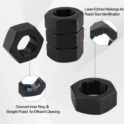 All-In-One Axle Thread Repair Kit For Spindles And Wheel Studs By Syizyen, A 10-Piece Thread Chaser Rethreading Kit With 8 Dies M20 M22 M24 13/16 Inch And 3/4 Inch, Socket Extension Bar And Allen Key For Fast, Pro-Grade Thread Restoration showing detailed dies with laser-etched markings.