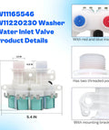 Washer Water Inlet Valve Assembly W11165546 W11096267, 5.4 in white plastic valve with dual solenoids and mounting bracket