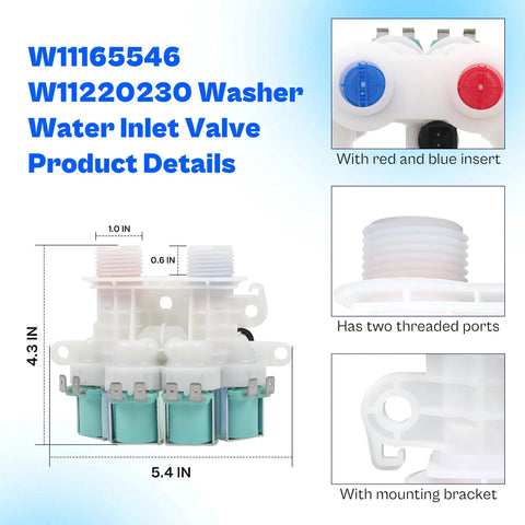 Washer Water Inlet Valve Assembly W11165546 W11096267, 5.4 in white plastic valve with dual solenoids and mounting bracket