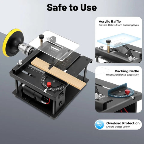 Compact Mini Table Saw For DIYers, Adjustable 0 To 90 Degree Angle, 1.38 Inch Cutting Depth, with acrylic and backing baffles