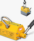 Yellow permanent magnetic lifter with release lever for lifting steel plates; 200 kg capacity.