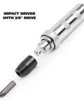 Impact Driver Kit With Four Drill Bits And Three Eighth Inch Drive Beefy Manual Impact Driver For Rusted Fasteners And Auto Repair