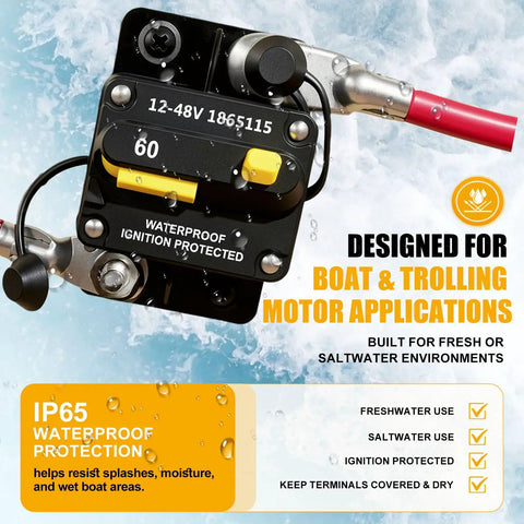 Slick 60 Amp Marine Circuit Breaker Replacement With Dang Good Wiring Protection For Snappy Installation On 12 To 48 Volt Electric Trolling Motors And Rock Solid Boat Safety, featuring IP65 waterproof protection.