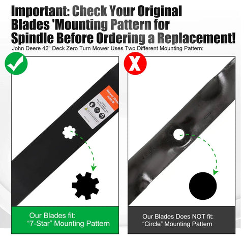 Comparison image of 42 Inch Mulching Mower Blades For 7 Star Mounting Pattern vs Circle Mounting Pattern for lawn tractor blades