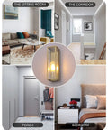 Outdoor Wall Light Waterproof Exterior Sconce With A Dope Brushed Brass Frame And Clear Glass Shade For Porch Entryway Or Front Door E26 Base Socket Bulb Not Included Weather Resistant Durable Outdoor Lighting Fixture For Indoor Or Outdoor Use, shown in living areas.