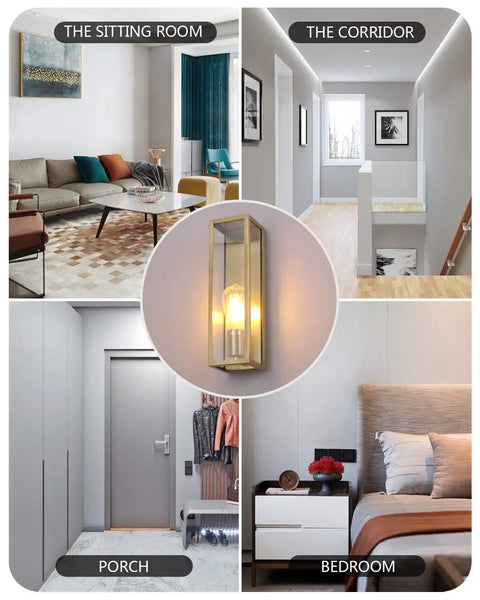 Outdoor Wall Light Waterproof Exterior Sconce With A Dope Brushed Brass Frame And Clear Glass Shade For Porch Entryway Or Front Door E26 Base Socket Bulb Not Included Weather Resistant Durable Outdoor Lighting Fixture For Indoor Or Outdoor Use, shown in living areas.