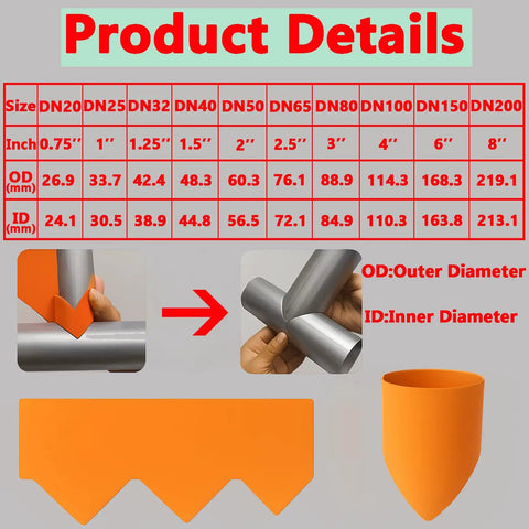 10 Piece Pipe Cutting Guide Set for Precise Saddle Layout product details with size measurements and orange template pieces
