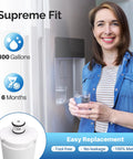 Woman holding glass near refrigerator with RWF2700A Refrigerator Water Filter Pack Of 2, NSF Certified BPA Free info graphic.