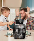 Oversized Piggy Bank For Adults And Kids With Digital Coin Counter, LCD Display Shows Total Amount, 2.4L Capacity, Holds 2000+ US Coins on table with coins and excited child and man