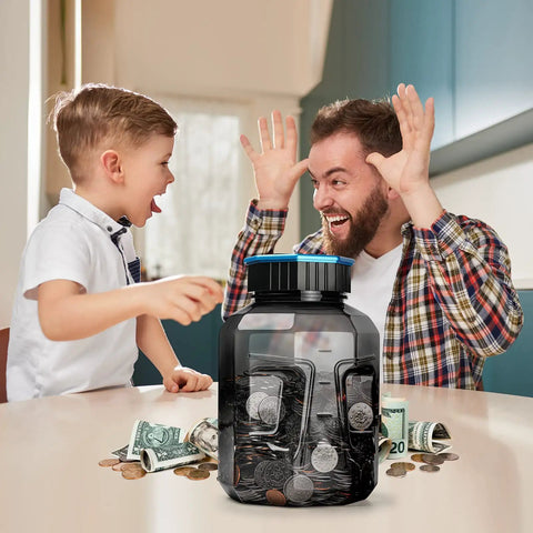 Oversized Piggy Bank For Adults And Kids With Digital Coin Counter, LCD Display Shows Total Amount, 2.4L Capacity, Holds 2000+ US Coins on table with coins and excited child and man
