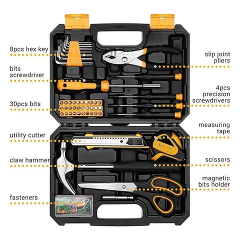 Open case showing 50 Piece Home Repair Tools Kit In Portable Storage Case For Maintenance And DIY Projects, tool layout view.
