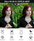 Comparison of images in 8K and 4K with model showcasing 8K Video Camera Camcorder features like face detection and IR night vision.