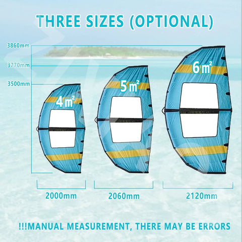 Inflatable Surf Wing For Kitesurfing 4m2 5m2 6m2 With Window Portable Foil Kite size options over a beach background