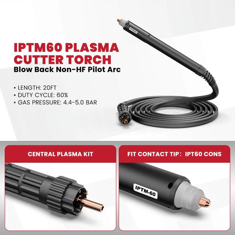 IPTM60 Non HF Pilot Arc Plasma Cutting Torch with 20 ft cable, 60A output for CNC machines, gas pressure 4.4-5.0 bar, shown coiled.