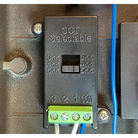 Close-up of CCT selector switch for Outdoor LED Wall Pack Light With Adjustable CCT 3000K 4000K 5000K And Lumens From 4000 To 7800.