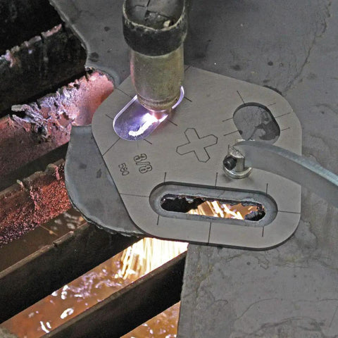 Close-up of Tri Slot Cutter Stencil Kit Pro Grade 3 Piece Guide For Precise Slot Cuts 0.430 Inch in use with plasma cutter.