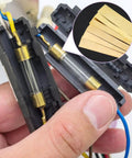 Person holding electrical component with inset image showing Premium Brass Shim Stock Kit For DIY Crafters, 10 Pieces Of 0.004 Inch Thick Brass Strips.