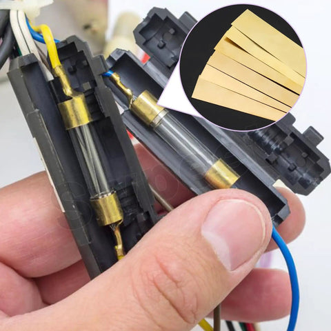 Person holding electrical component with inset image showing Premium Brass Shim Stock Kit For DIY Crafters, 10 Pieces Of 0.004 Inch Thick Brass Strips.