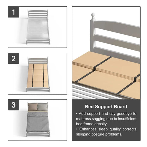 Solid Wood Bunkie Board 30X60 Inches Twin Bed Foundation shown in three stages on a bed frame for better mattress support.