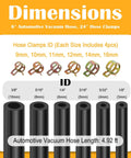 Six Piece Silicone Vacuum Hose Kit For Automotive Use showing hose sizes and clamp dimensions
