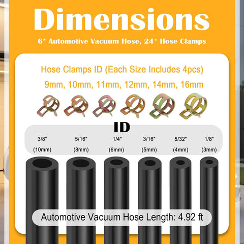 Six Piece Silicone Vacuum Hose Kit For Automotive Use showing hose sizes and clamp dimensions