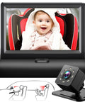 Crystal Clear Baby Car Mirror With 4.3 Inch HD Night Vision Display showing baby in car seat with camera illustration.