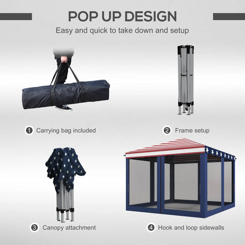 Pop up design showing 10x10 Pop Up Canopy Tent With Netting And Carry Bag Instant Gazebo Screen House For Backyard Patio And Camping.