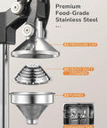 Heavy Duty Cast Iron Manual Citrus Juicer Press, Giant Orange Squeezer handles, stainless steel pressure cap, strainer, and funnel.
