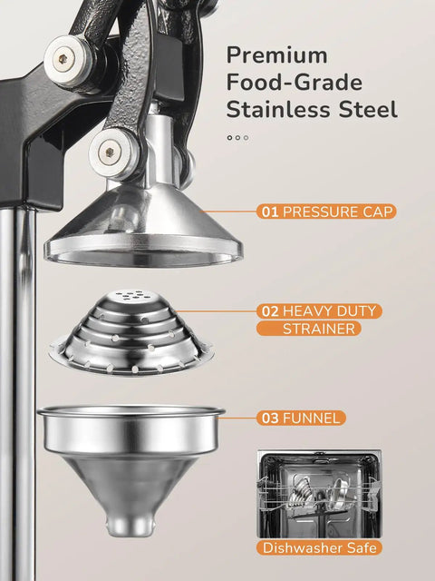 Heavy Duty Cast Iron Manual Citrus Juicer Press, Giant Orange Squeezer handles, stainless steel pressure cap, strainer, and funnel.