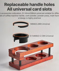 Keep Your Shot Prep Crisp With This Solid Tiered Espresso Tamper Station And Knock Box Organizer Universal 51 To 58 Millimeter Portafilter Holder Natural Wood Coffee Bar Organizer Setup with replaceable handle holes.