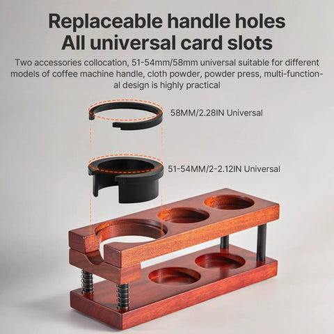 Keep Your Shot Prep Crisp With This Solid Tiered Espresso Tamper Station And Knock Box Organizer Universal 51 To 58 Millimeter Portafilter Holder Natural Wood Coffee Bar Organizer Setup with replaceable handle holes.