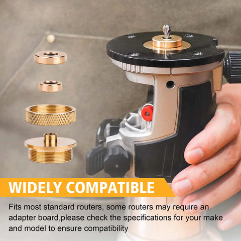 SpeTool router inlay kit with solid brass bushings in 1/8-inch and 1/4-inch diameters and a 1/4-inch shank carbide spiral upcut bit.