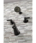 NuvoFusion Double-Handle Tub And Shower Faucet In Polished Brass with wall mount on tiled bathroom wall
