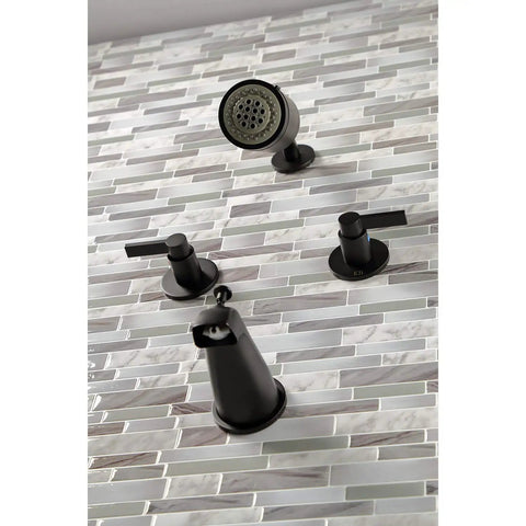 NuvoFusion Double-Handle Tub And Shower Faucet In Polished Brass with wall mount on tiled bathroom wall