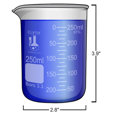 Griffin Low Form Beaker Set In 3.3 Borosilicate Glass Type I Class A With Double Metric Scale And Extra Large Marking Spot Includes Four Sizes 10ml 50ml 100ml And 250ml For Precise Lab Work 250ml beaker.